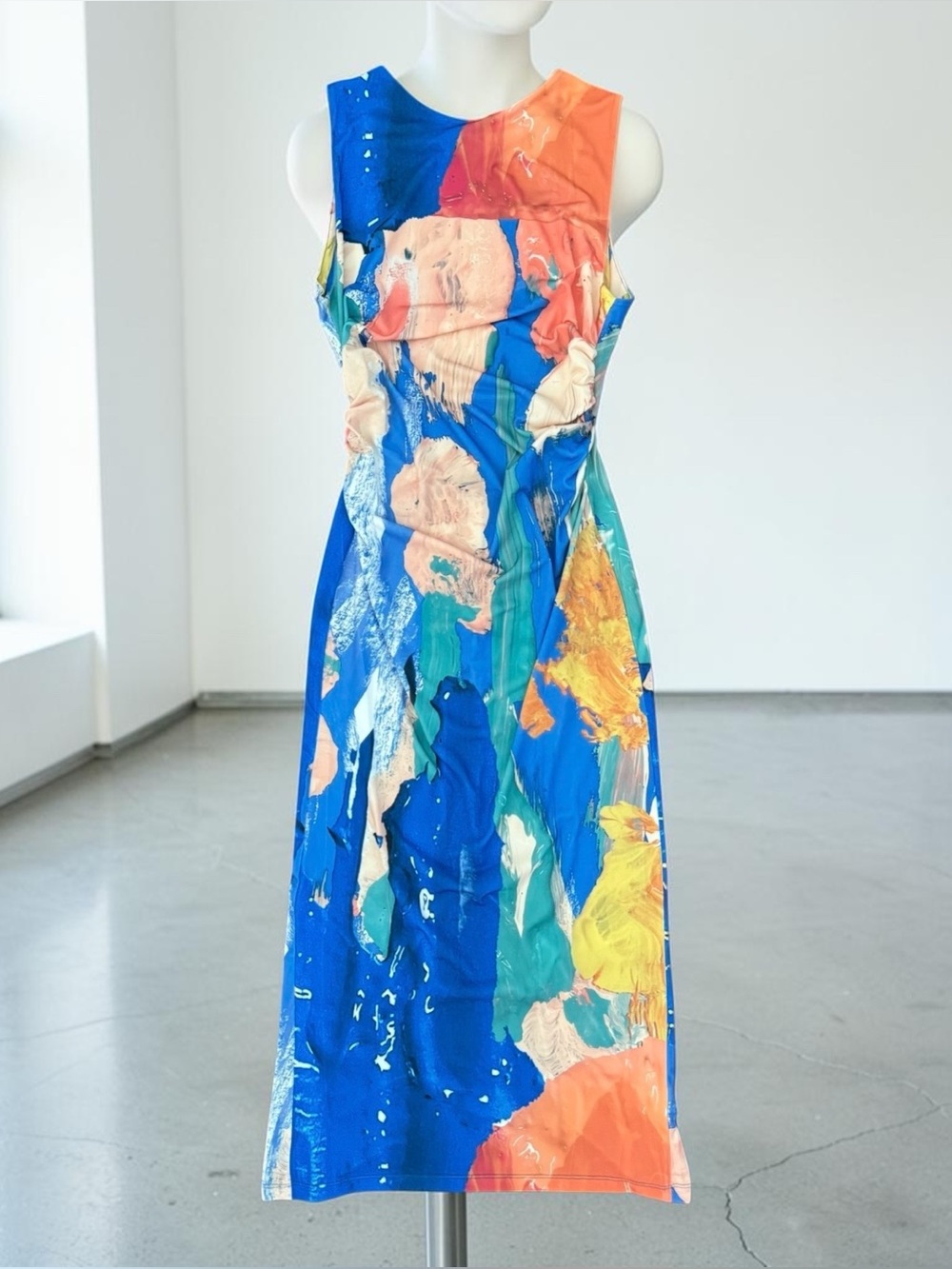 Zara Gathered Printed Abstract Midi Blue Yellow Open Back Dress Women M